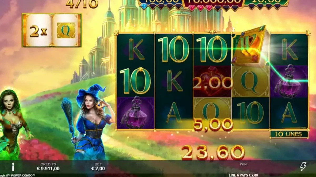 Interface do jogo Book of Oz Magic 5 Power Combo com elementos visuais de fantasia