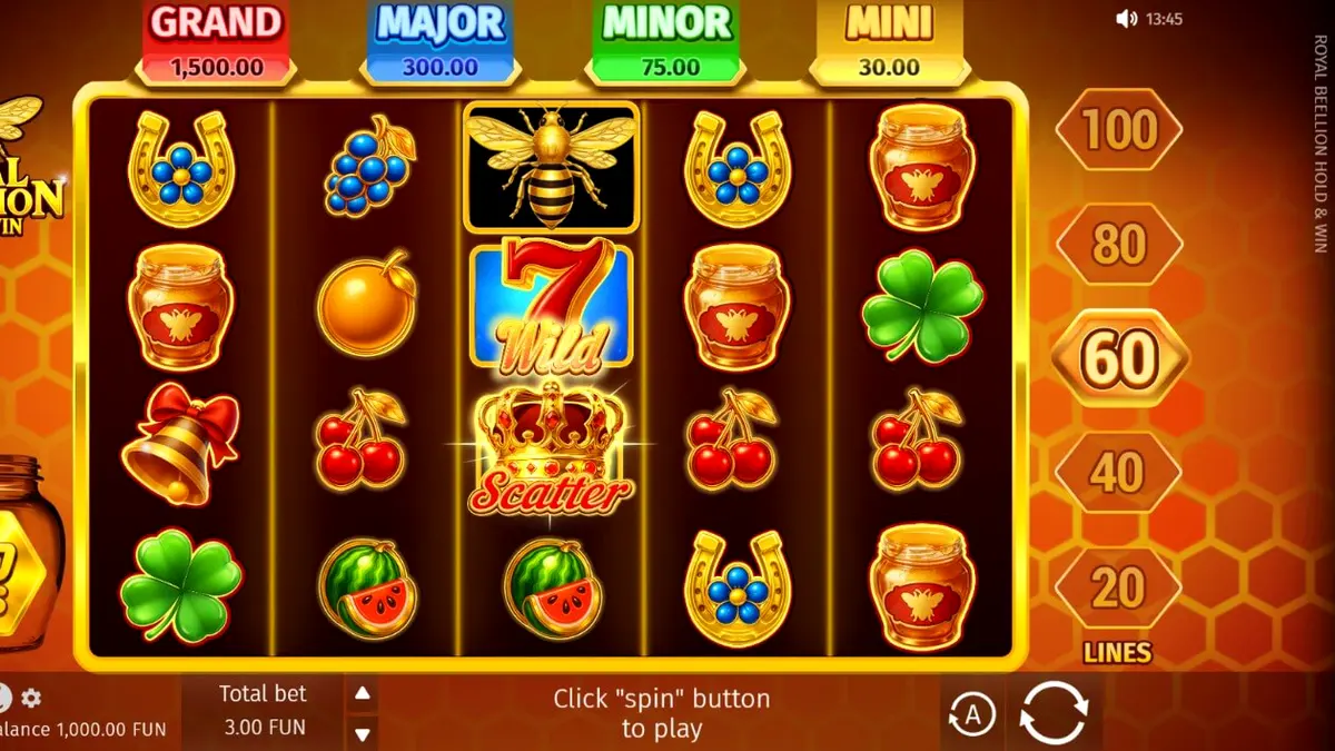 Interface do jogo Royal Beellion Hold & Win com temática de colmeia dourada