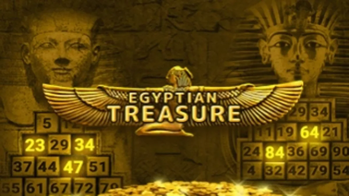 Interface do jogo Egyptian Treasure com temática egípcia e cilindros dourados